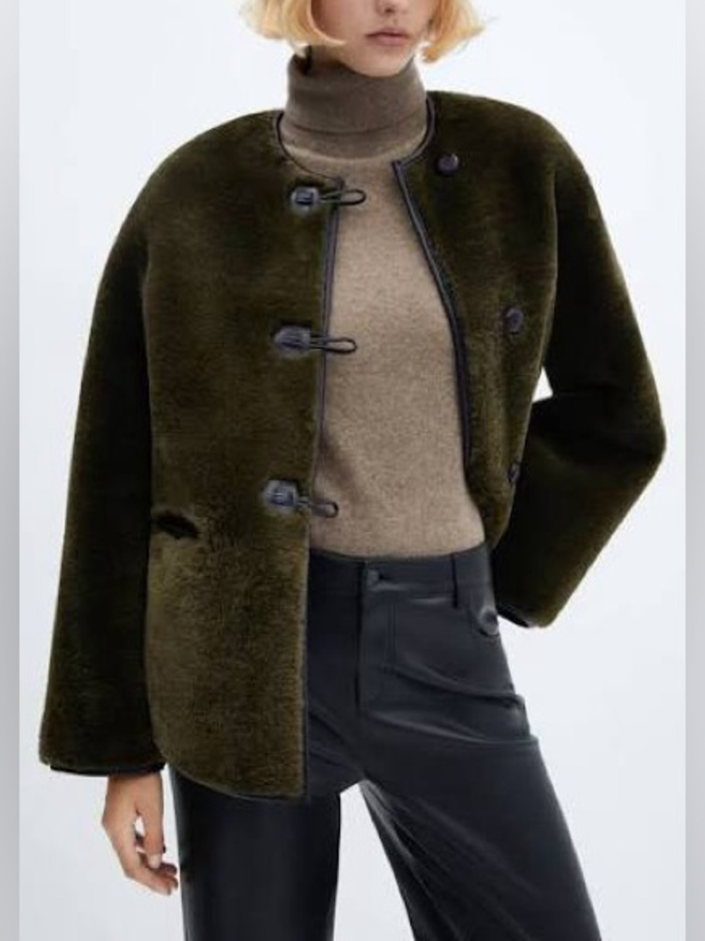 Mango Olive Faux Shearling Toggle Jacket